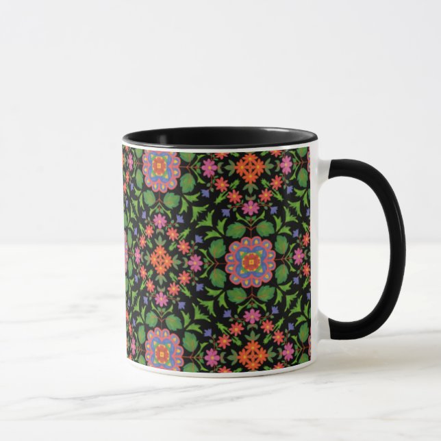 Caneca Floral Rangoli na Black Ringer Coffee Mug (Direita)