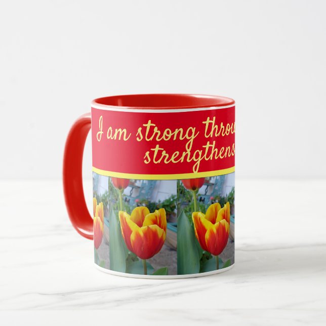 Caneca Floral Red Tulip Deus Citação Eu sou Forte Womans  (Frente Esquerda)