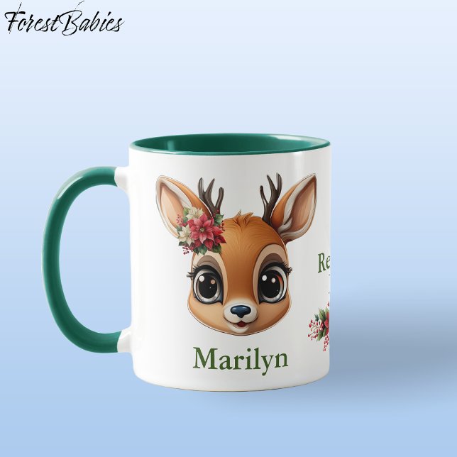 Caneca Floral Reindeer Love, Poinsettia Deer, Fawn, Doe � (Custom Deer, Floral Fawn, Doe Antler, Reindeer Love Poinsettia Flowers Green ForestBabies Mug 🦌🎄)