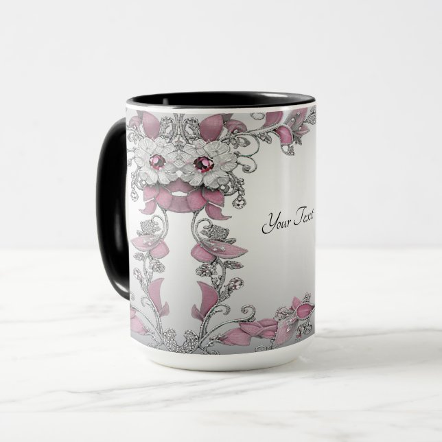 Caneca Floral Rosa Prata Branco (Frente Esquerda)