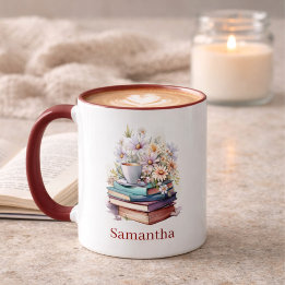 Caneca Floral Stacked Books Personalized Burgundy Handle