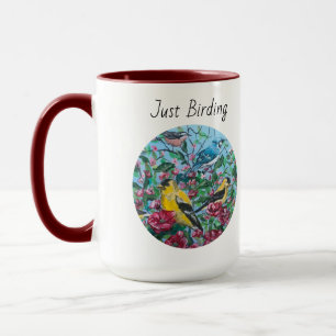 Caneca Floral Vermelha e Pássaros Pintada à Mão