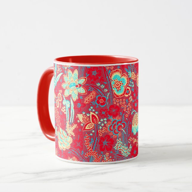 CANECA FLORAL VERMELHO AZUL BRANCO TULIPAS, FOLHAS FLORES (Frente Esquerda)