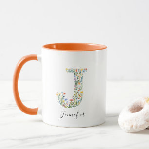 Caneca Floral Watercolor - Letra J Monograma e Nome Perso