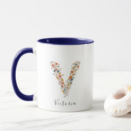 Caneca Floral Watercolor - Letra V Monograma e Nome Perso