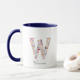 Caneca Floral Watercolor - Letra W Monograma e Nome Perso