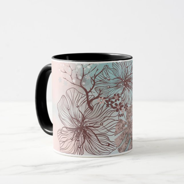 Caneca Flores abstratas esboçadas folhas gradiente floral (Frente Esquerda)