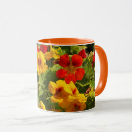 Caneca flores amarelas alaranjadas, nastúrbios, florais,