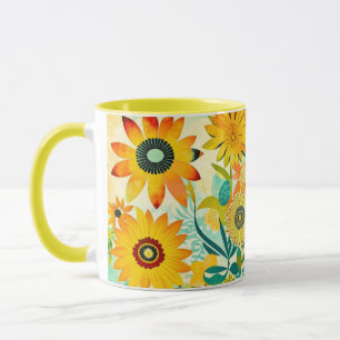 Caneca Flores Amarelas de Arte Folclórica bonito