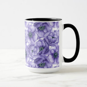 Caneca Flores anêmonas violetas padrão aquarela