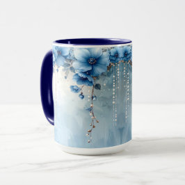 Caneca Flores Azuis e Pérolas