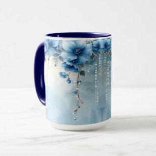 Caneca Flores Azuis e Pérolas