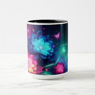 Caneca Flores/borboletas néon brilhantes e coloridas
