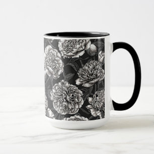 Caneca Flores brancas de peônia em cinzas escuras