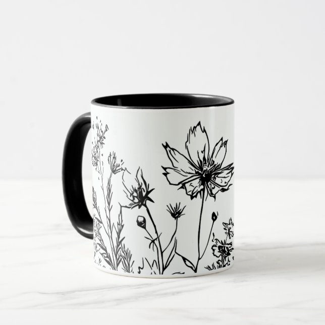 Caneca Flores brancas e pretas (Frente Esquerda)