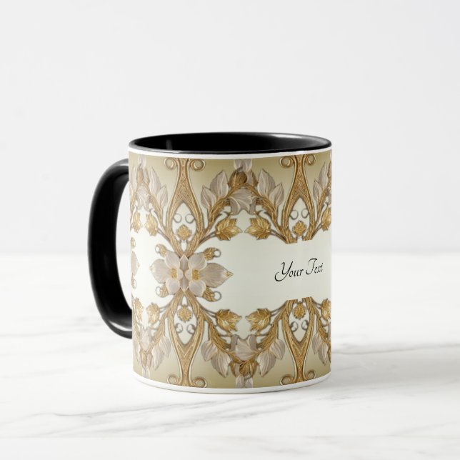 Caneca Flores Brancas, Lama Dourada Decorativa (Frente Esquerda)