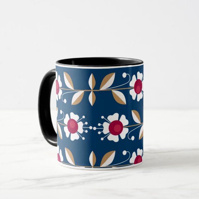 Caneca Flores brancas retrô em um fundo azul escuro (Frente Esquerda)
