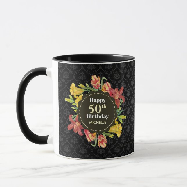 Caneca Flores Brilhantes Vibrantes Na Corrida De Aniversá (Esquerda)