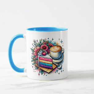Caneca Flores, Café e Bolo Arco-Íris Personalizados