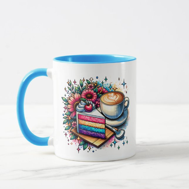 Caneca Flores, Café e Bolo Arco-Íris Personalizados (Esquerda)
