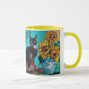 CANECA FLORES COM GATO PRETO EM TURQUOSE AZUL