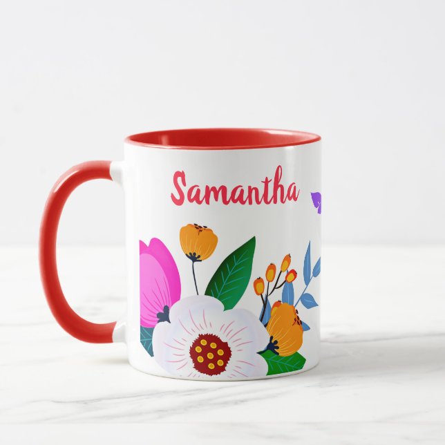 Caneca Flores Cor-De-Rosa Amarelo Elegante E Borboleta (Esquerda)