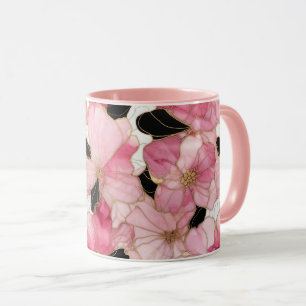 Caneca Flores Cor-de-Rosa Artísticas em Tinta Preta Abstr