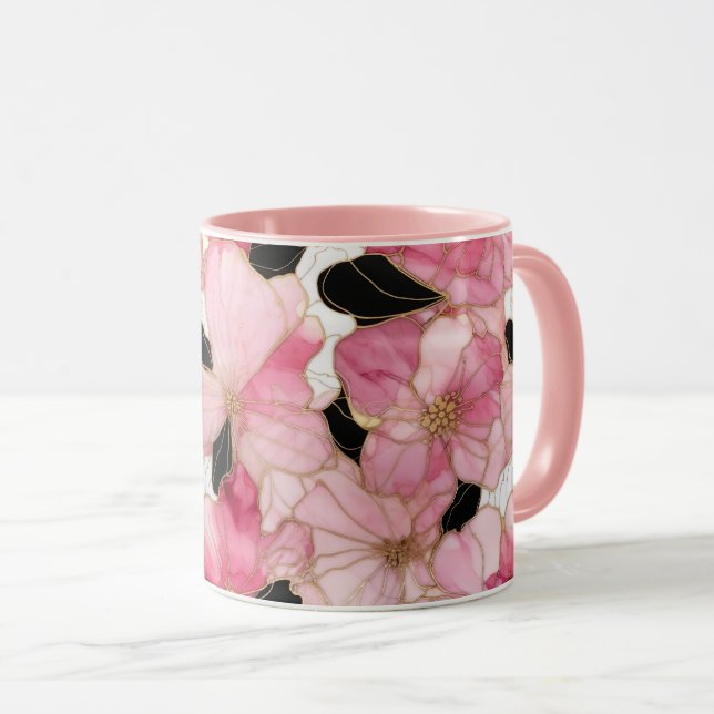 Caneca Flores Cor-de-Rosa Artísticas em Tinta Preta Abstr (Frente Esquerda)