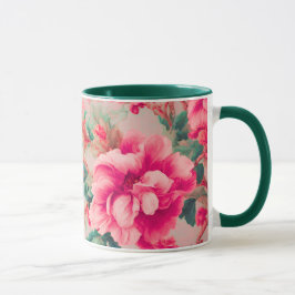 Caneca Flores Cor-de-Rosa Brilhante Refinadas, Folhas De 