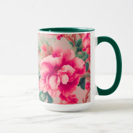 Caneca Flores Cor-de-Rosa Brilhante Refinadas, Folhas De 