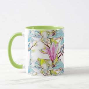 Caneca Flores cor-de-rosa magnóolia flor aquarela fundo a