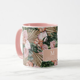 Caneca Flores cor-de-rosa-rosa tropicais folhas