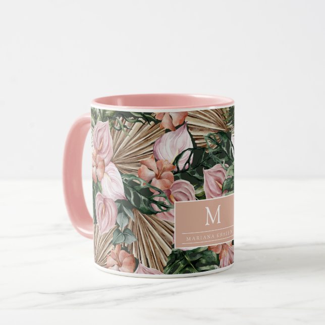 Caneca Flores cor-de-rosa-rosa tropicais folhas (Frente Esquerda)