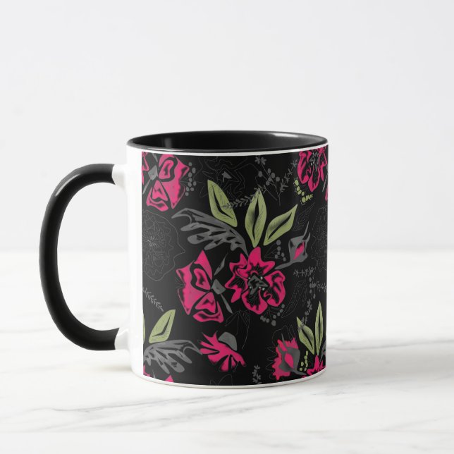 Caneca Flores cor-de-rosa sem costura folhas verdes esboç (Esquerda)