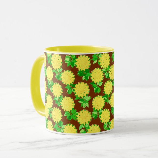 Caneca Flores dahlia em amarelo e chocolate (Frente Esquerda)
