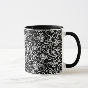 Caneca Flores dalmacianas negras, brancas, design de fund