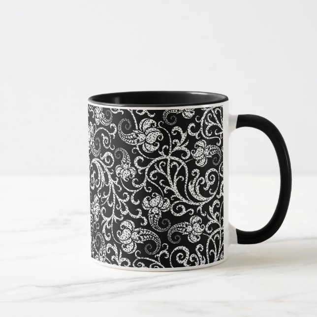 Caneca Flores dalmacianas negras, brancas, design de fund (Direita)