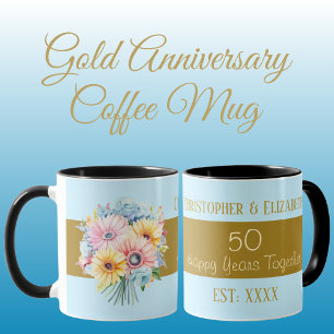 Caneca flores de aniversário de 50 anos de ouro nomes azu
