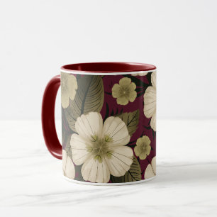 Caneca Flores de Creme Elegantes sobre fundo de Borgonha