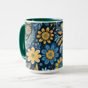 Caneca Flores de Hipopia Retro Flores Design Amarelo Azul