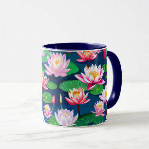 Caneca Flores de Lótus Branco Rosa e Folhas Verdes