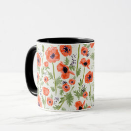 Caneca Flores De Papoila Pintadas De Cor Vermelha Laranja
