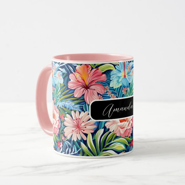 Caneca Flores de Verão Tropical Padrão Floral Bonito (Frente Esquerda)