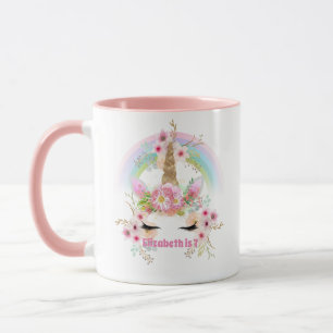 Caneca Flores Douradas cor-de-rosa UNICORN Rainbow Garota