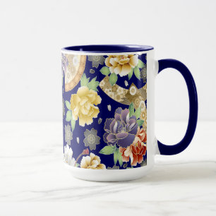 Caneca Flores Douradas de Mint Blue Belo Padrão Japonês