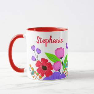 Caneca Flores E Borboletas Vermelhas Rosa Elegantes