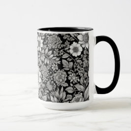 Caneca Flores e folhas negras e brancas
