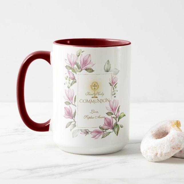 Caneca Flores Elegantes da Magnólia Douradas Primeira Com (Com Donut)