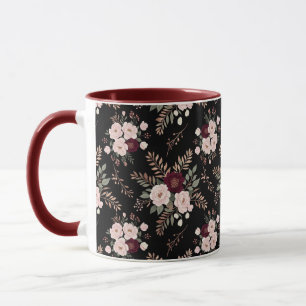 Caneca Flores em Aquarela Rosa Preto e Borgonha
