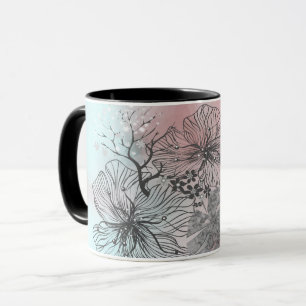 Caneca Flores esboçadas com abstrato folhas gradiente p 